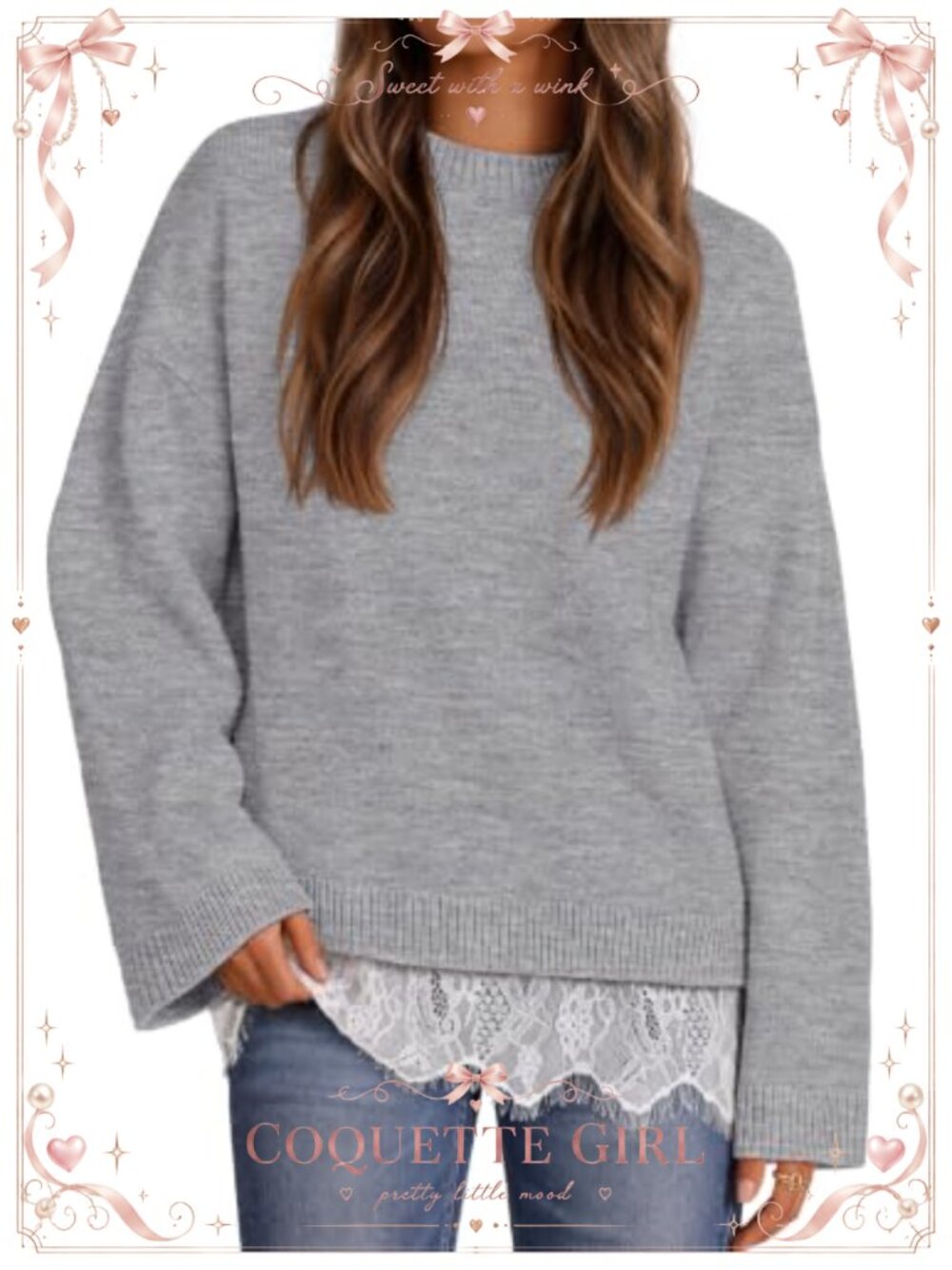 Oversized Lace Pullover Sweater Crew Neck Drop Shoulder Knit